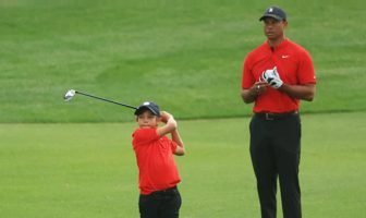 Tiger Woods and Charlie Woods in Sunday red at the PNC Championship