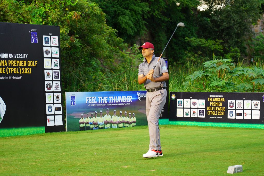 A golfer tees off on the final day of TPGL 2021